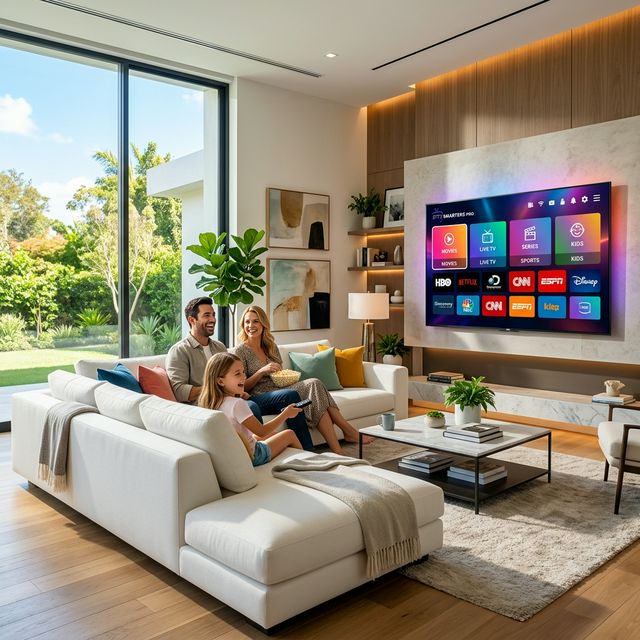 Famille regardant IPTV Smarters sur smart TV en 4K